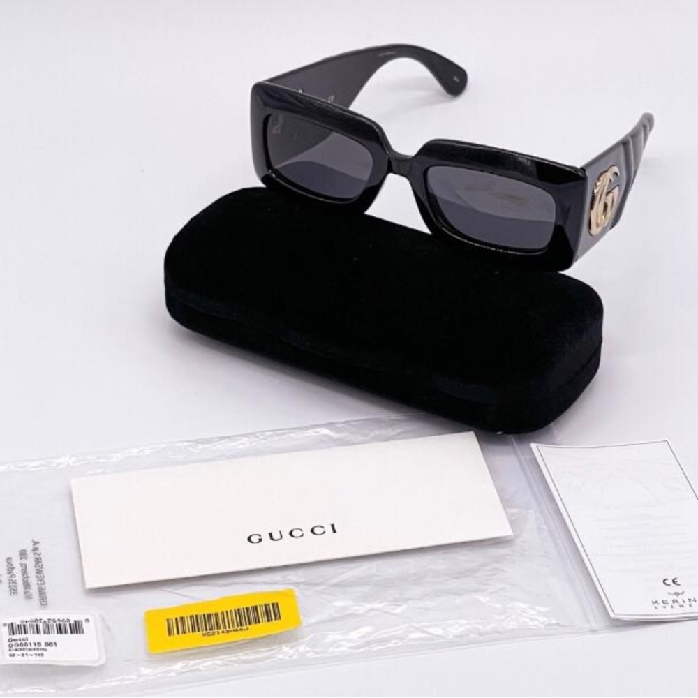 New - Gucci Black Gray Gg0811s 001 Logo Rectangle Unisex Sunglasses - Picture 15 of 17